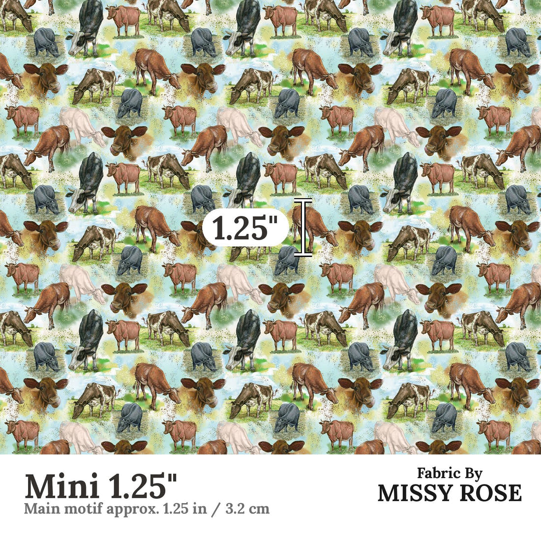 Design 1102 Blue Cow Fabric Mini 1.25 inch print scale guide | Fabric by Missy Rose