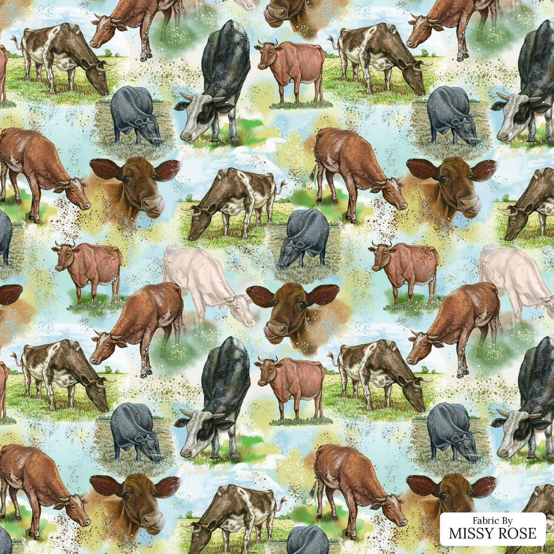 Design 1102 Blue Cow Fabric – flat view of the print, zoom in for detail | Fabric by Missy Rose