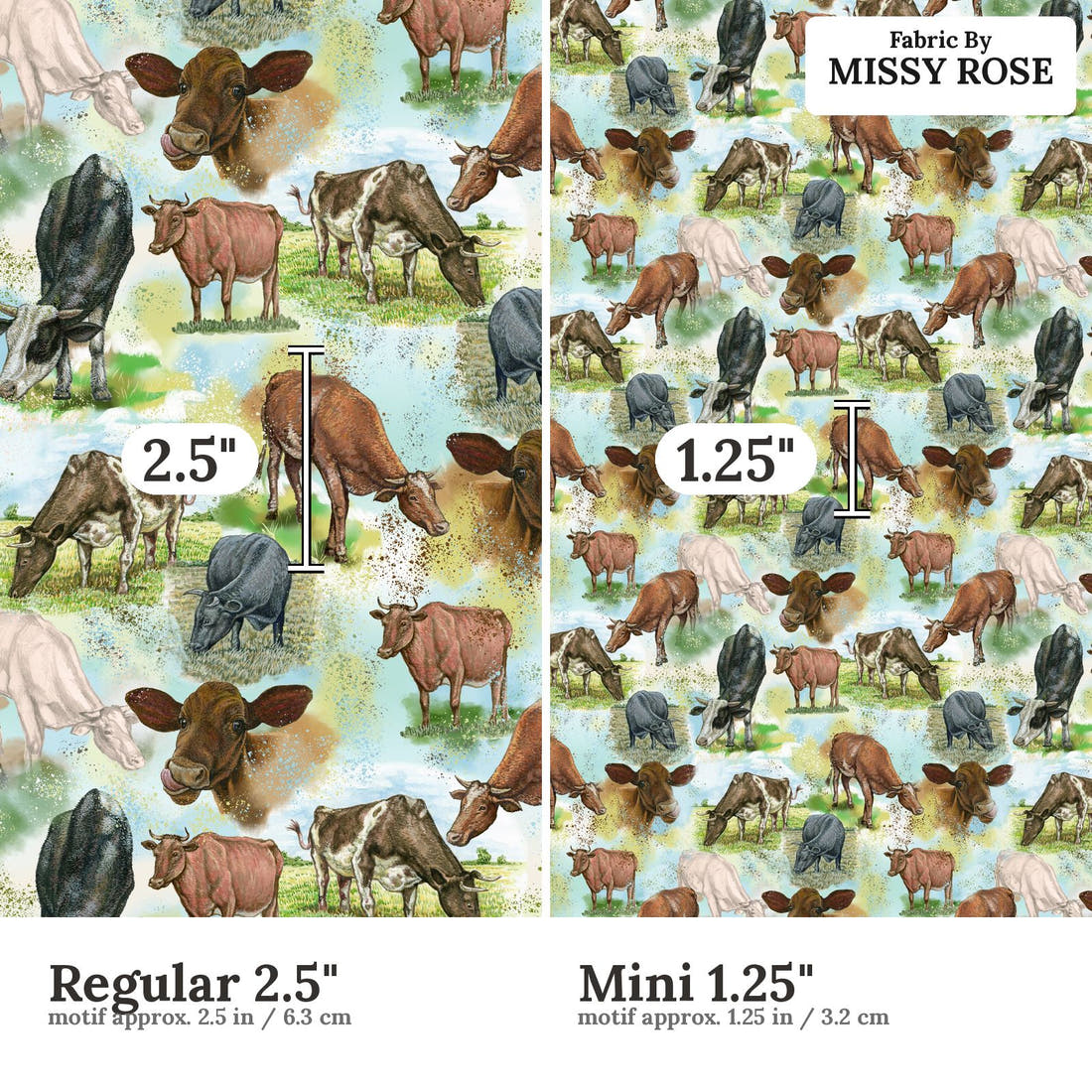 Design 1102 Blue Cow Fabric Regular 2.5 inch vs Mini 1.25 inch print scale side by side | Fabric by Missy Rose