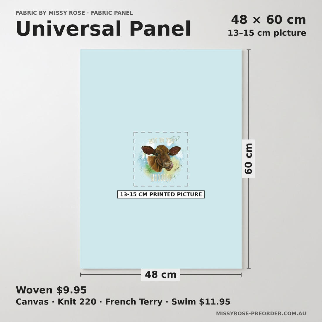 Design 1102 Blue Cow Panel universal panel sizing – 13–15 cm printed picture on 48 × 60 cm fabric | Fabric by Missy Rose