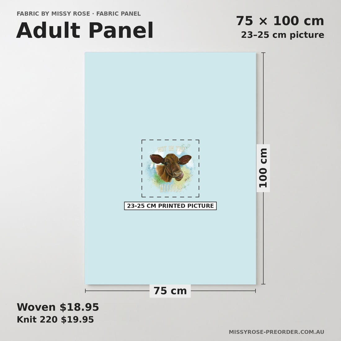Design 1102 Blue Cow Panel adult panel sizing – 23–25 cm printed picture on 75 × 100 cm fabric | Fabric by Missy Rose