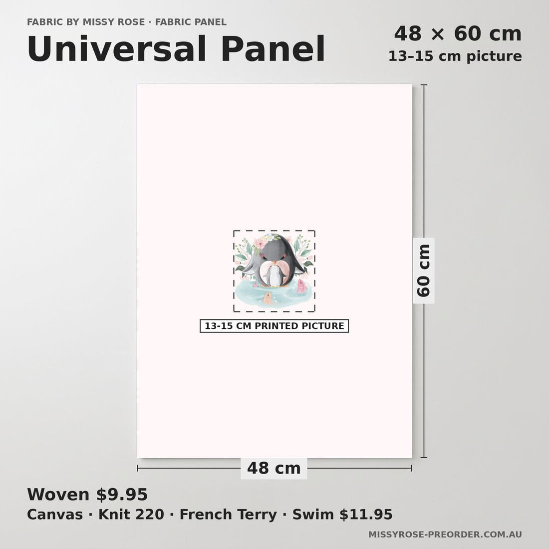 Design 1103 Penguin Panel universal panel sizing – 13–15 cm printed picture on 48 × 60 cm fabric | Fabric by Missy Rose