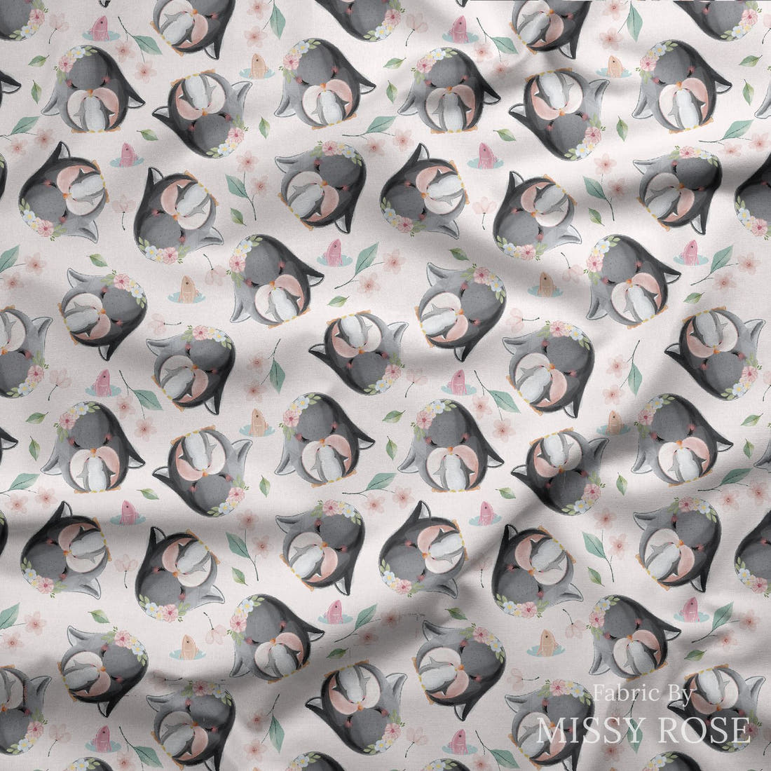 Design 1103 Penguin Fabric draped fabric mockup – custom printed fabric by the metre | Fabric by Missy Rose