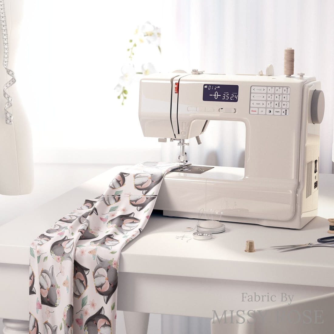 Design 1103 Penguin Fabric on a sewing machine – premium fabric for sewing projects | Fabric by Missy Rose