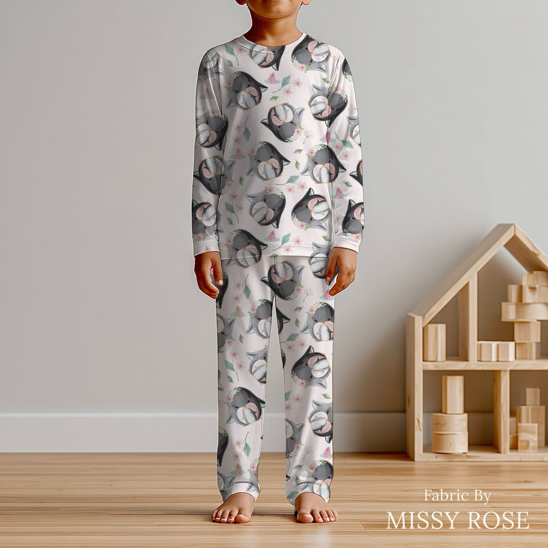 Design 1103 Penguin Fabric sewn into kids' pyjamas – see how the print looks made up | Fabric by Missy Rose