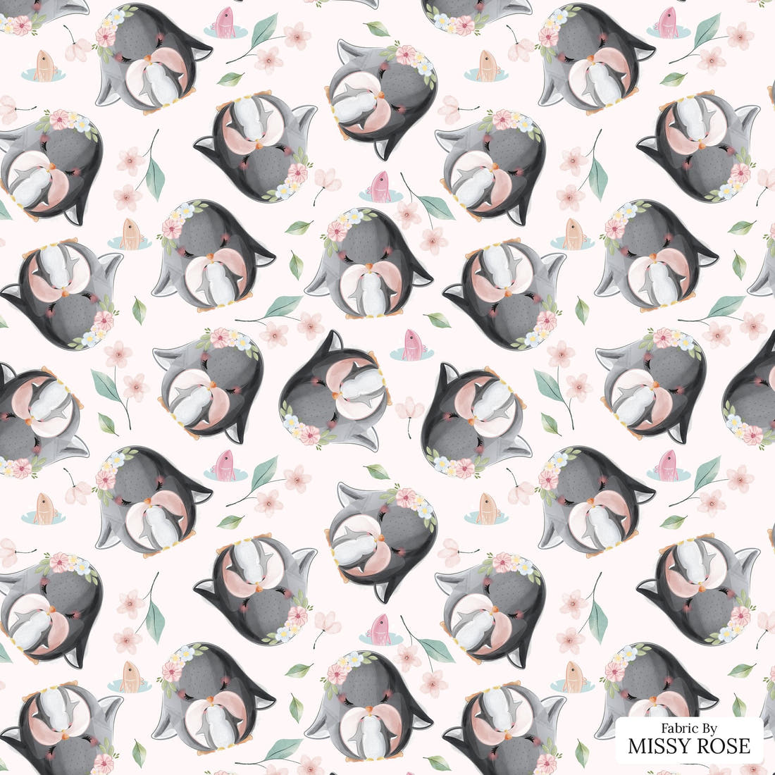 Design 1103 Penguin Fabric – flat view of the print, zoom in for detail | Fabric by Missy Rose