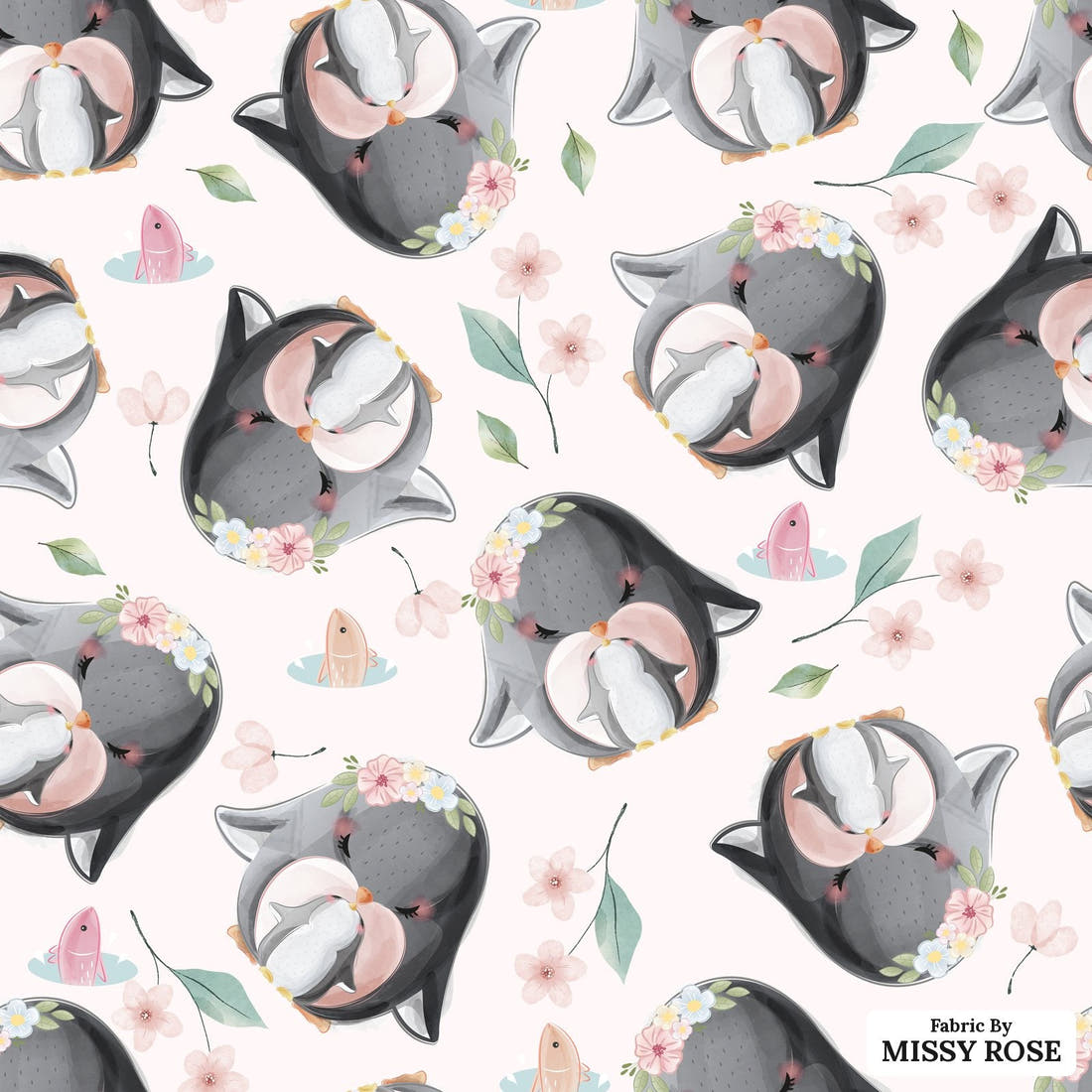 Design 1103 Penguin Fabric – flat view of the print, zoom in for detail | Fabric by Missy Rose