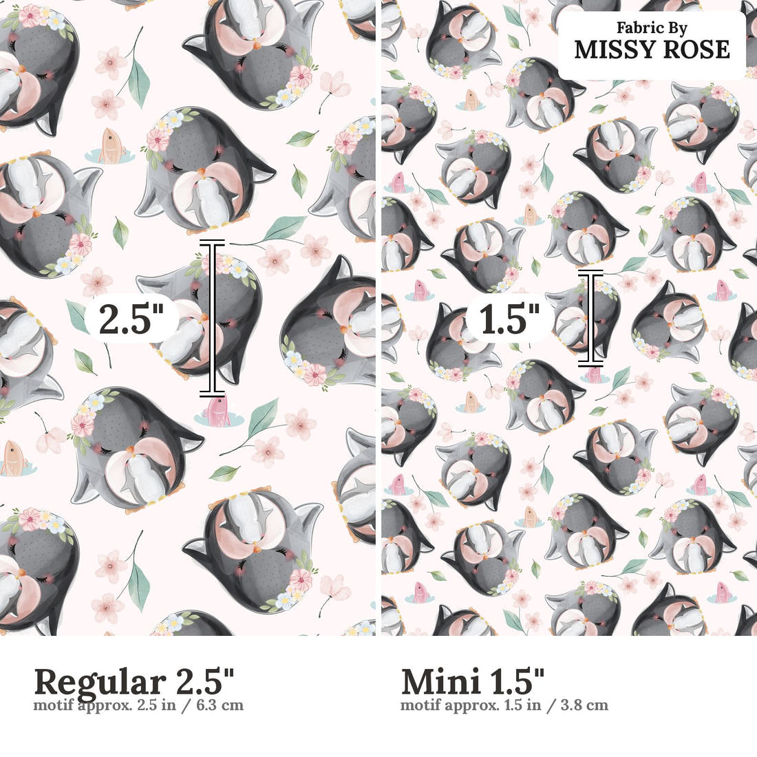 Design 1103 Penguin Fabric Regular 2.5 inch vs Mini 1.5 inch print scale side by side | Fabric by Missy Rose