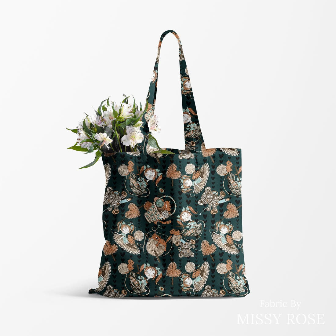 Design 1104 Knitting Fabric made up as a tote bag – see how the print looks made up | Fabric by Missy Rose