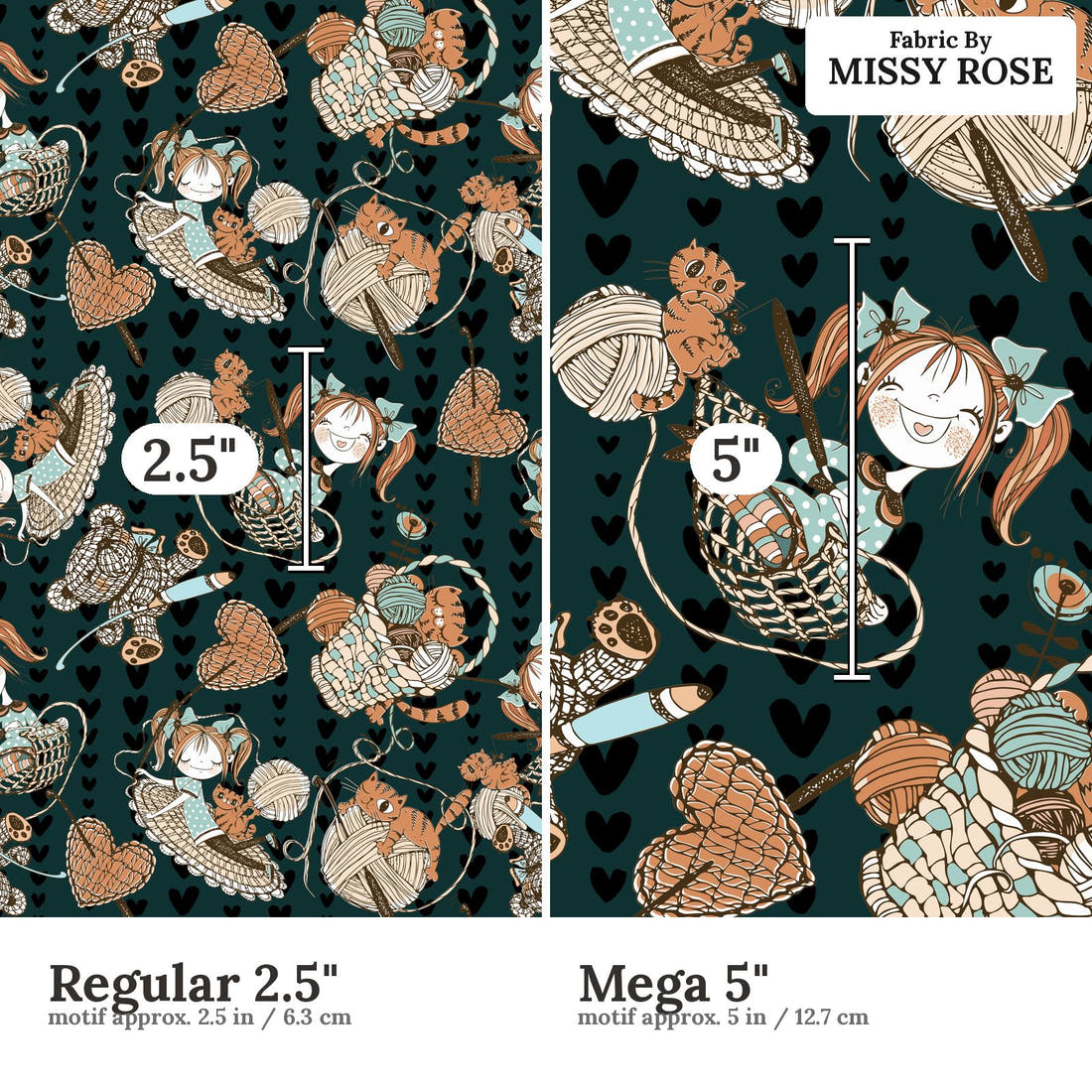 Design 1104 Knitting Fabric Regular 2.5 inch vs Mega 5 inch print scale side by side | Fabric by Missy Rose