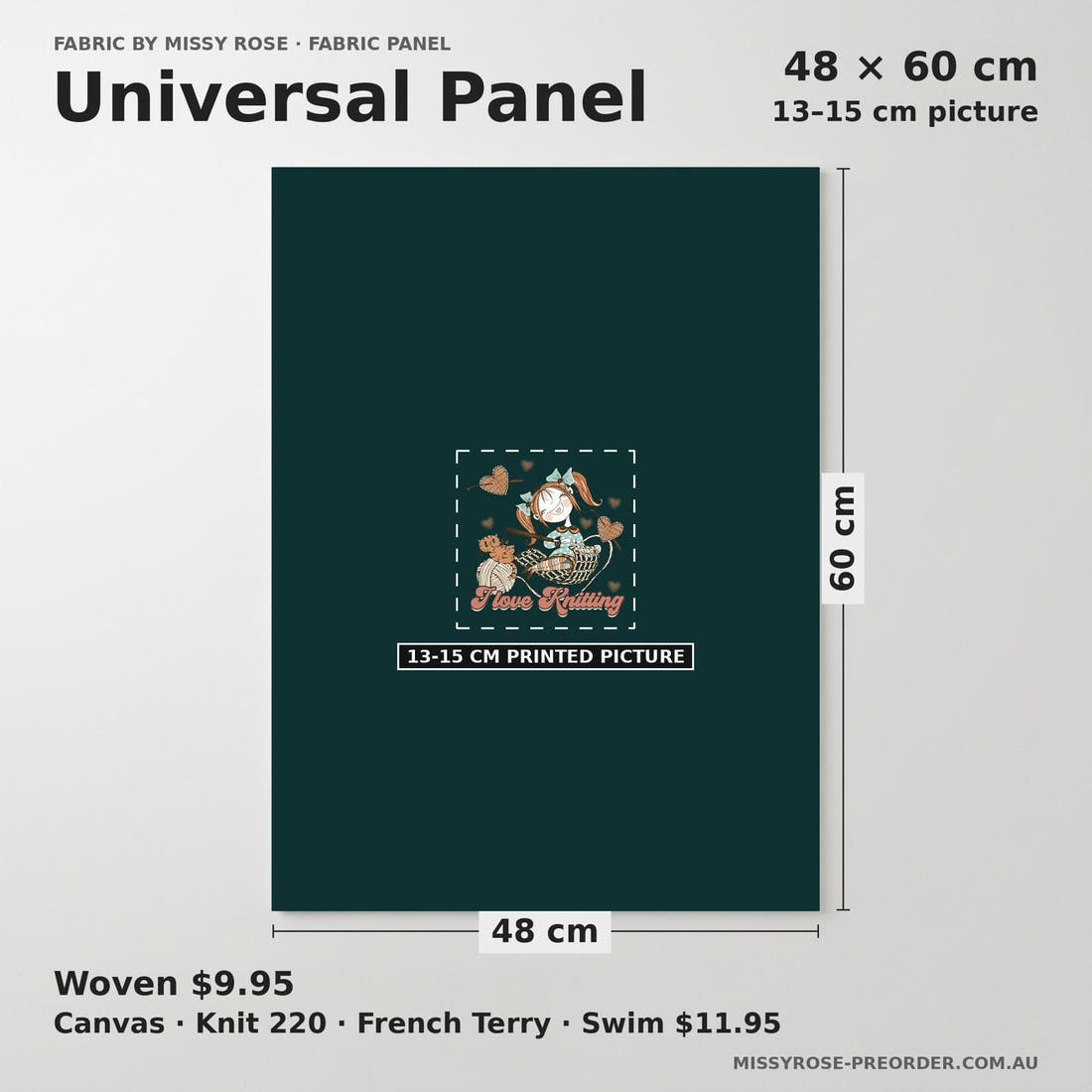 Design 1104 Knitting Panel universal panel sizing – 13–15 cm printed picture on 48 × 60 cm fabric | Fabric by Missy Rose