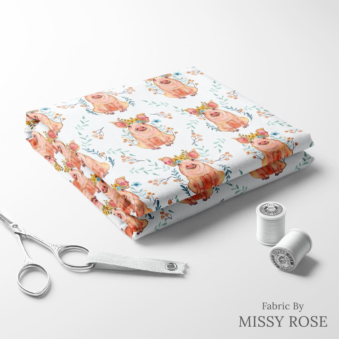 Design 1105 Floral Pig Fabric folded fabric stack with matching thread – pre-order fabric Australia | Fabric by Missy Rose