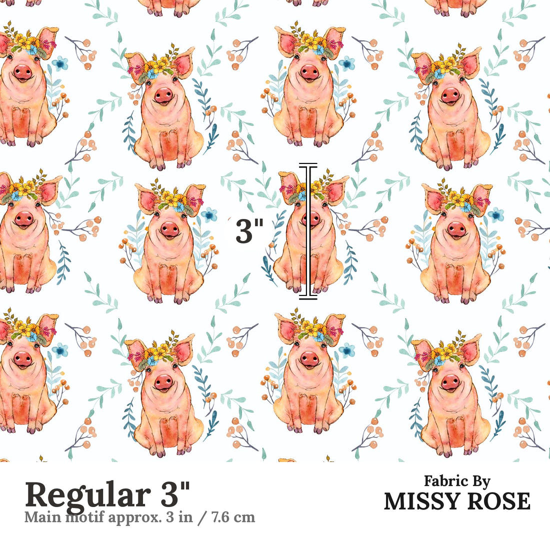 Design 1105 Floral Pig Fabric Regular 3 inch print scale guide | Fabric by Missy Rose