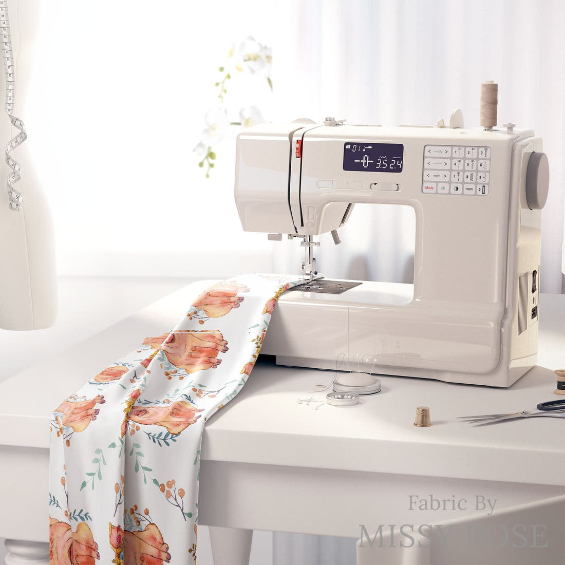 Design 1105 Floral Pig Fabric on a sewing machine – premium fabric for sewing projects | Fabric by Missy Rose