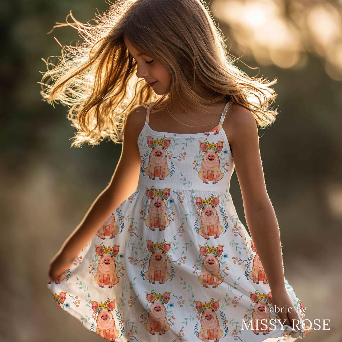 Design 1105 Floral Pig Fabric sewn into a girls' dress – see how the print looks made up | Fabric by Missy Rose