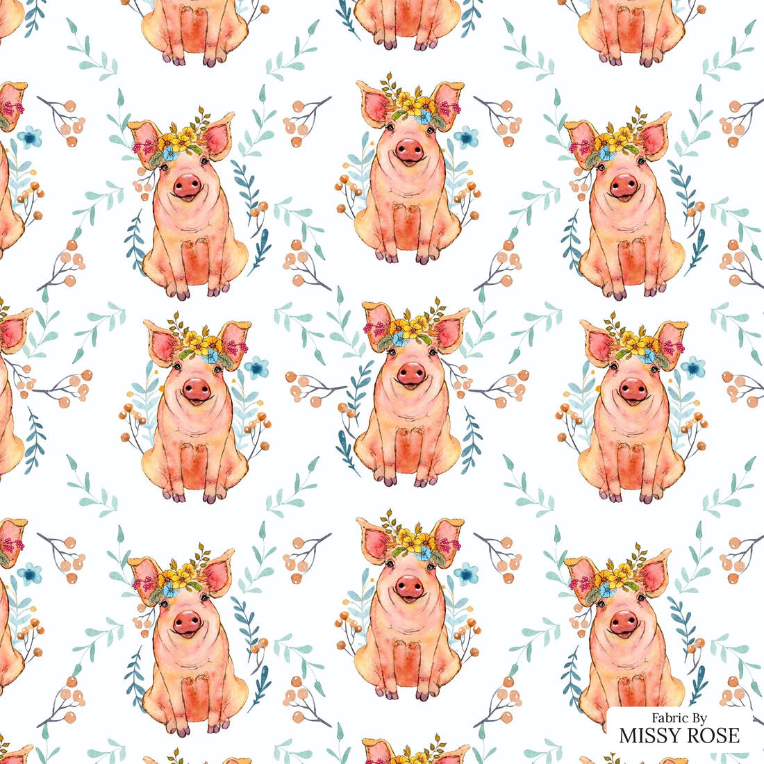 Design 1105 Floral Pig Fabric – flat view of the print, zoom in for detail | Fabric by Missy Rose