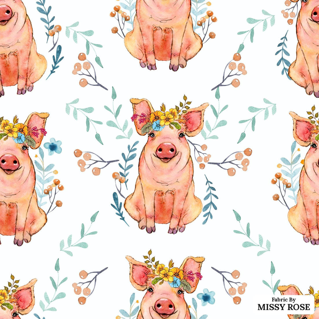 Design 1105 Floral Pig Fabric – flat view of the print, zoom in for detail | Fabric by Missy Rose