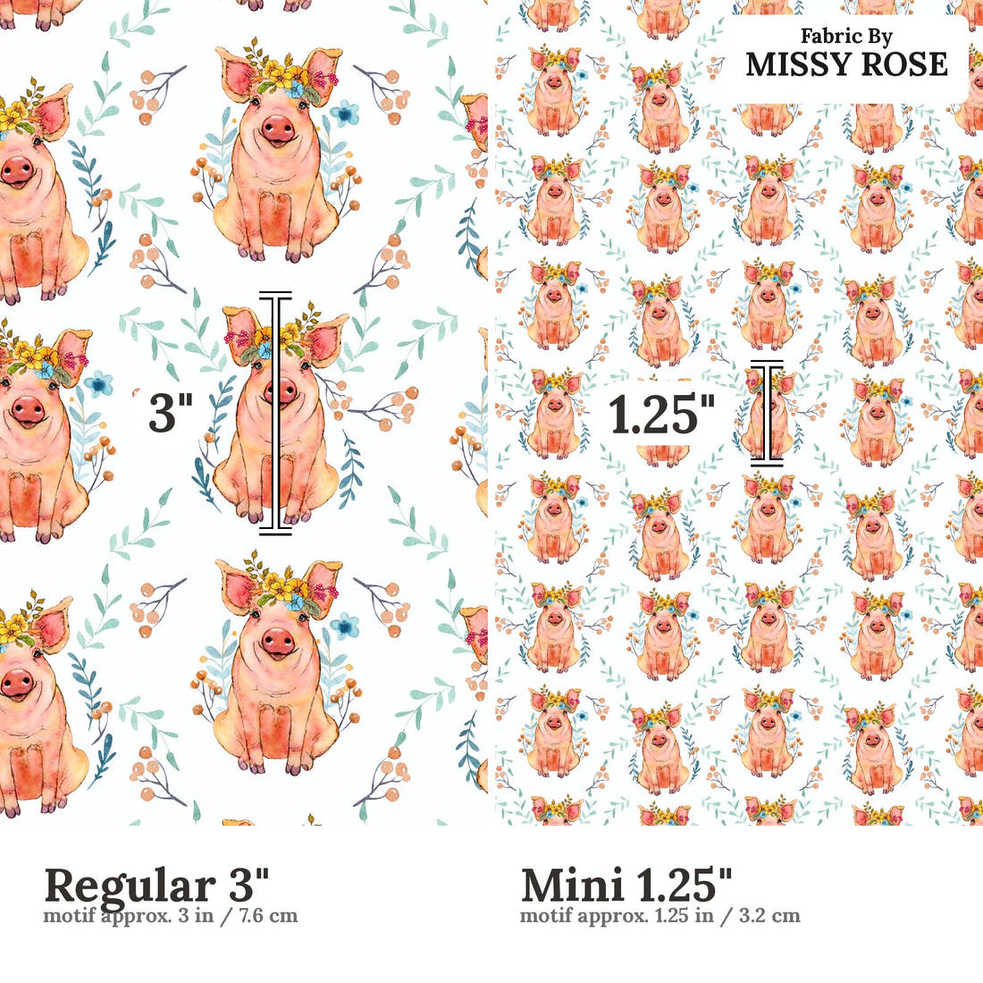 Design 1105 Floral Pig Fabric Regular 3 inch vs Mini 1.25 inch print scale side by side | Fabric by Missy Rose