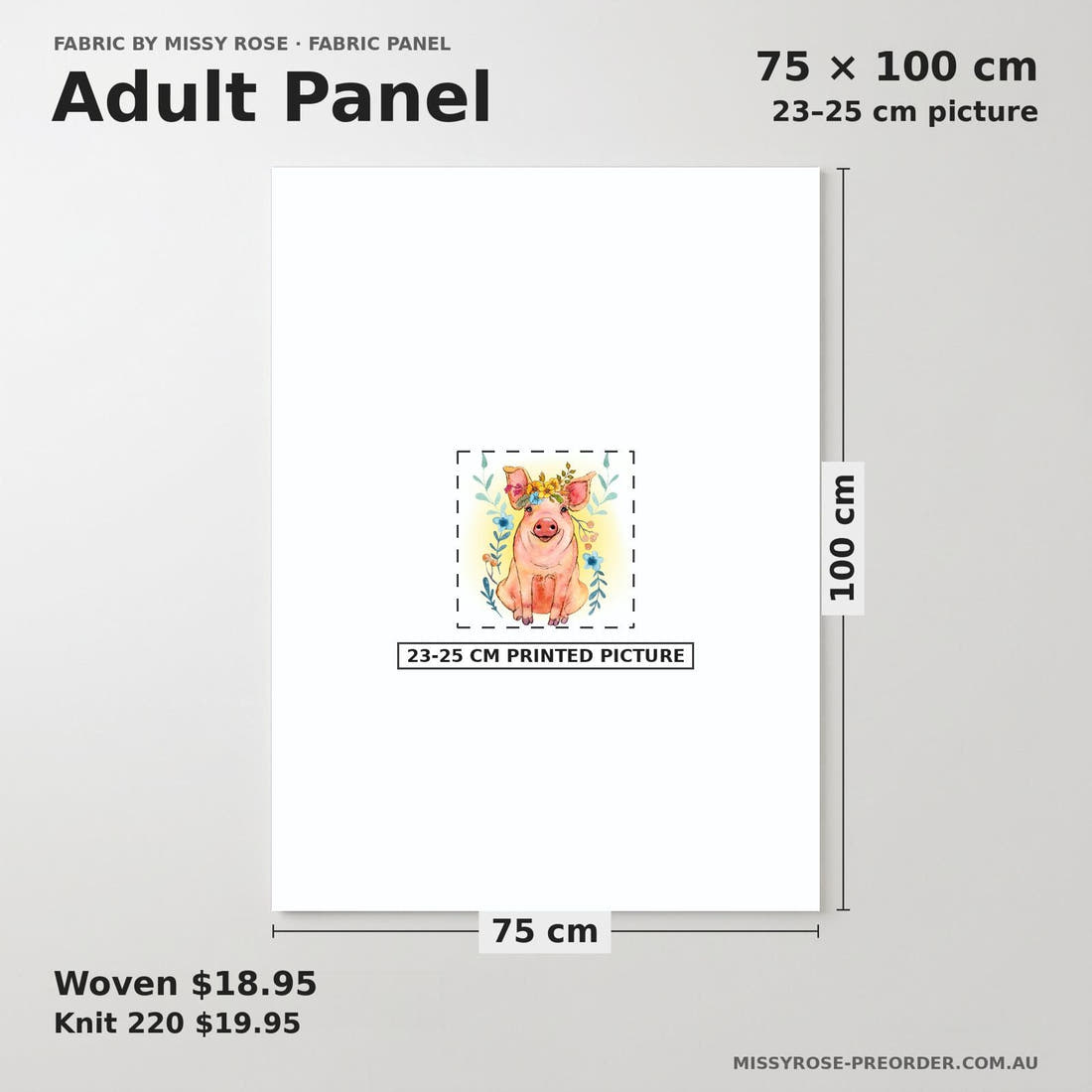 Design 1105 Floral Pig Panel adult panel sizing – 23–25 cm printed picture on 75 × 100 cm fabric | Fabric by Missy Rose