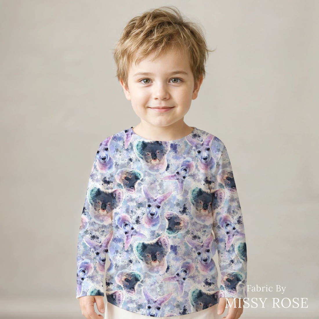 Design 1106 Australian Animals Fabric sewn into a kids' long sleeve top – see how the print looks made up | Fabric by Missy Rose