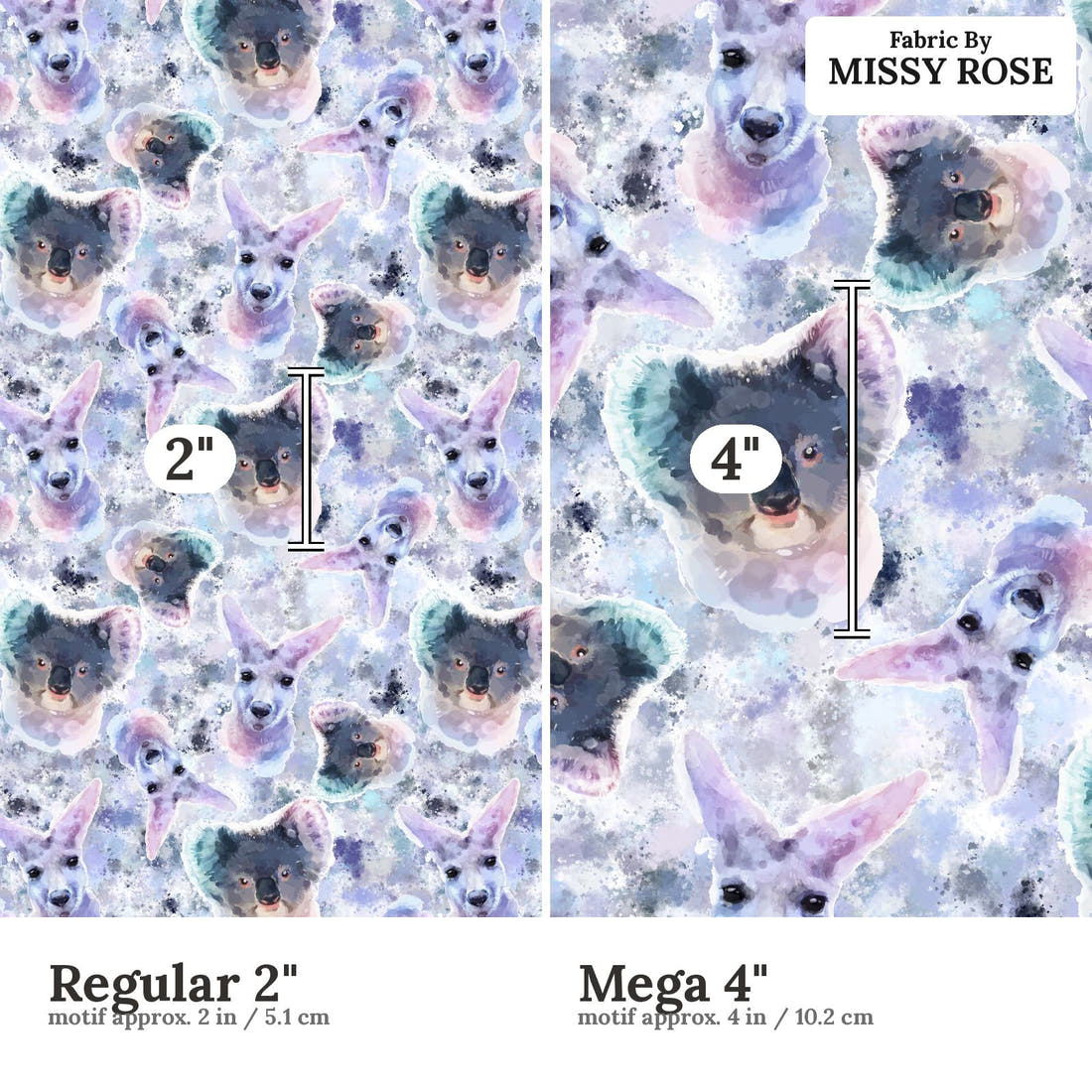 Design 1106 Australian Animals Fabric Regular 2 inch vs Mega 4 inch print scale side by side | Fabric by Missy Rose