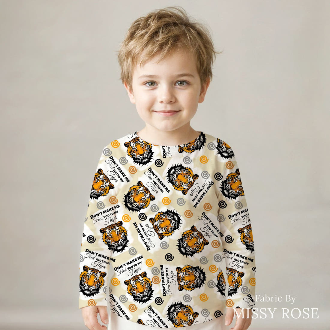 Design 1107 Tiger Fabric sewn into a kids' long sleeve top – see how the print looks made up | Fabric by Missy Rose