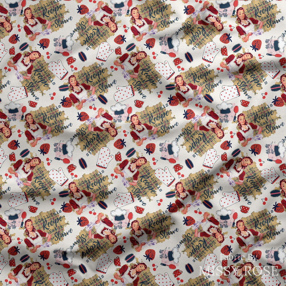 Design 1108 Funny Cooking Fabric draped fabric mockup – custom printed fabric by the metre | Fabric by Missy Rose