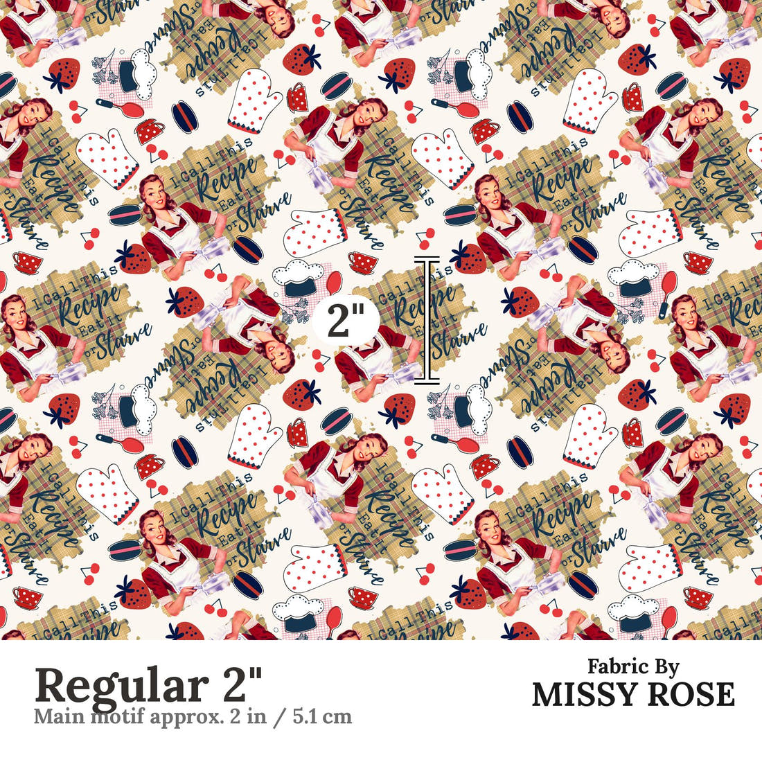 Design 1108 Funny Cooking Fabric Regular 2 inch print scale guide | Fabric by Missy Rose