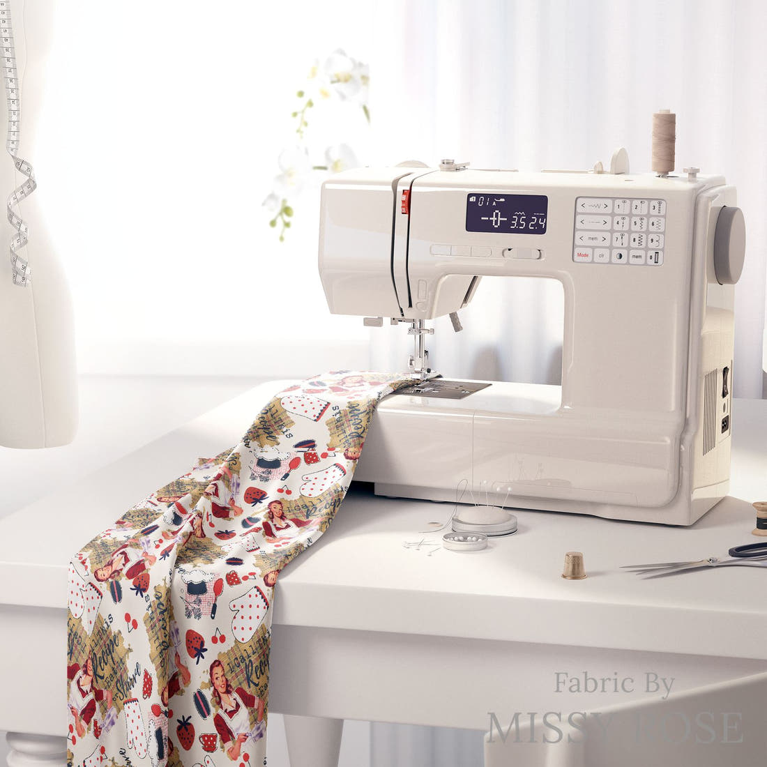 Design 1108 Funny Cooking Fabric on a sewing machine – premium fabric for sewing projects | Fabric by Missy Rose