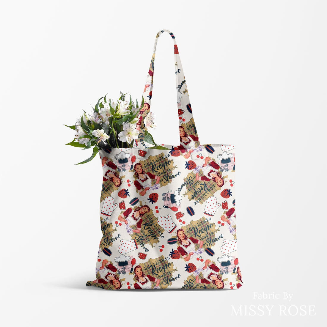 Design 1108 Funny Cooking Fabric made up as a tote bag – see how the print looks made up | Fabric by Missy Rose