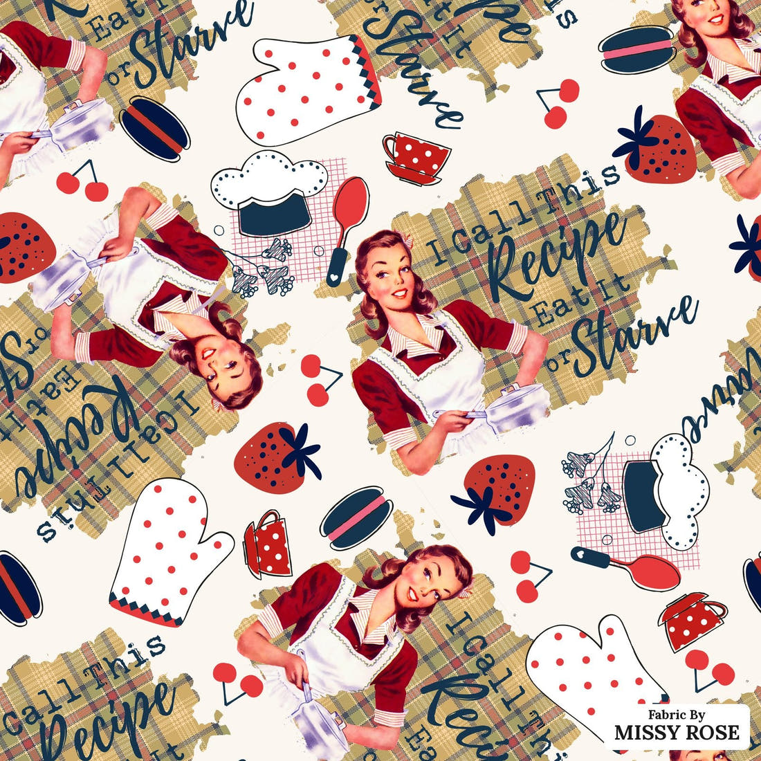 Design 1108 Funny Cooking Fabric – flat view of the print, zoom in for detail | Fabric by Missy Rose