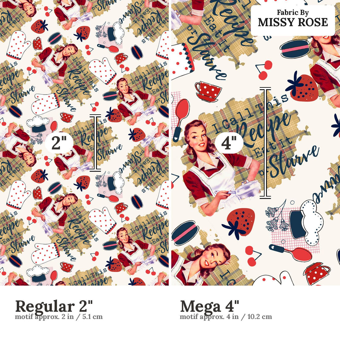 Design 1108 Funny Cooking Fabric Regular 2 inch vs Mega 4 inch print scale side by side | Fabric by Missy Rose