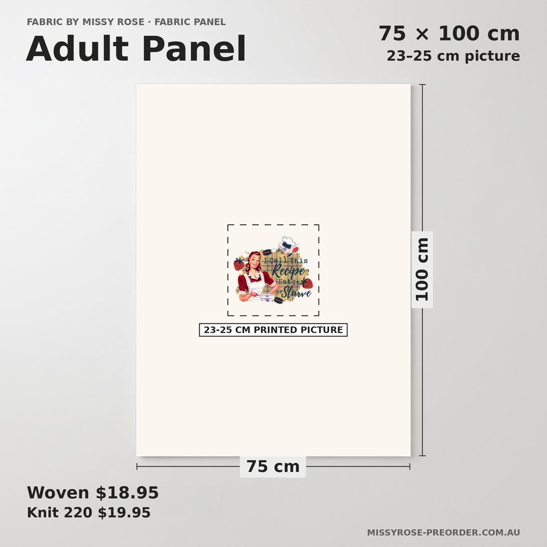Design 1108 Funny Cooking Panel adult panel sizing – 23–25 cm printed picture on 75 × 100 cm fabric | Fabric by Missy Rose