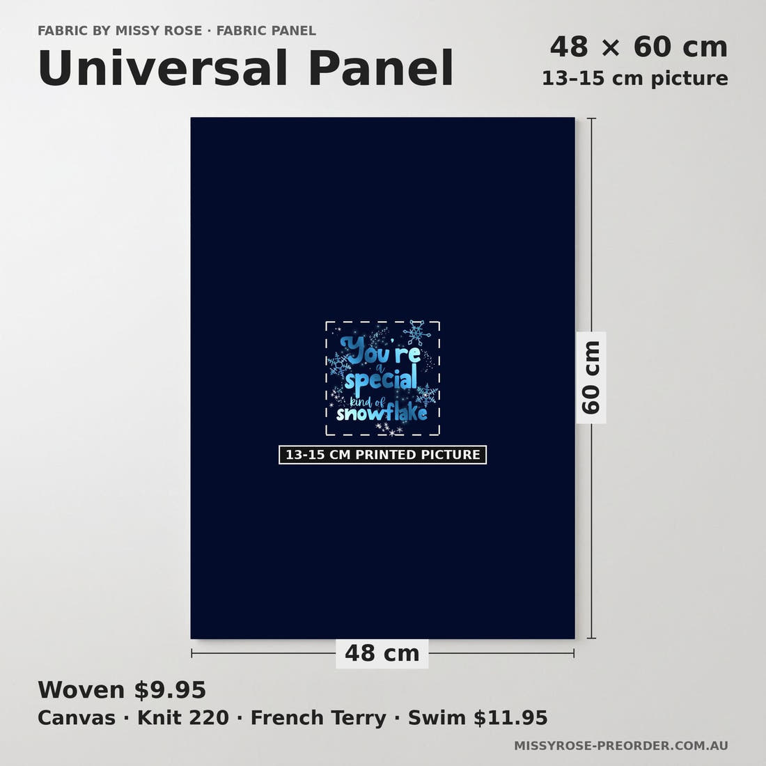 Design 1109 Snowflake Panel universal panel sizing – 13–15 cm printed picture on 48 × 60 cm fabric | Fabric by Missy Rose