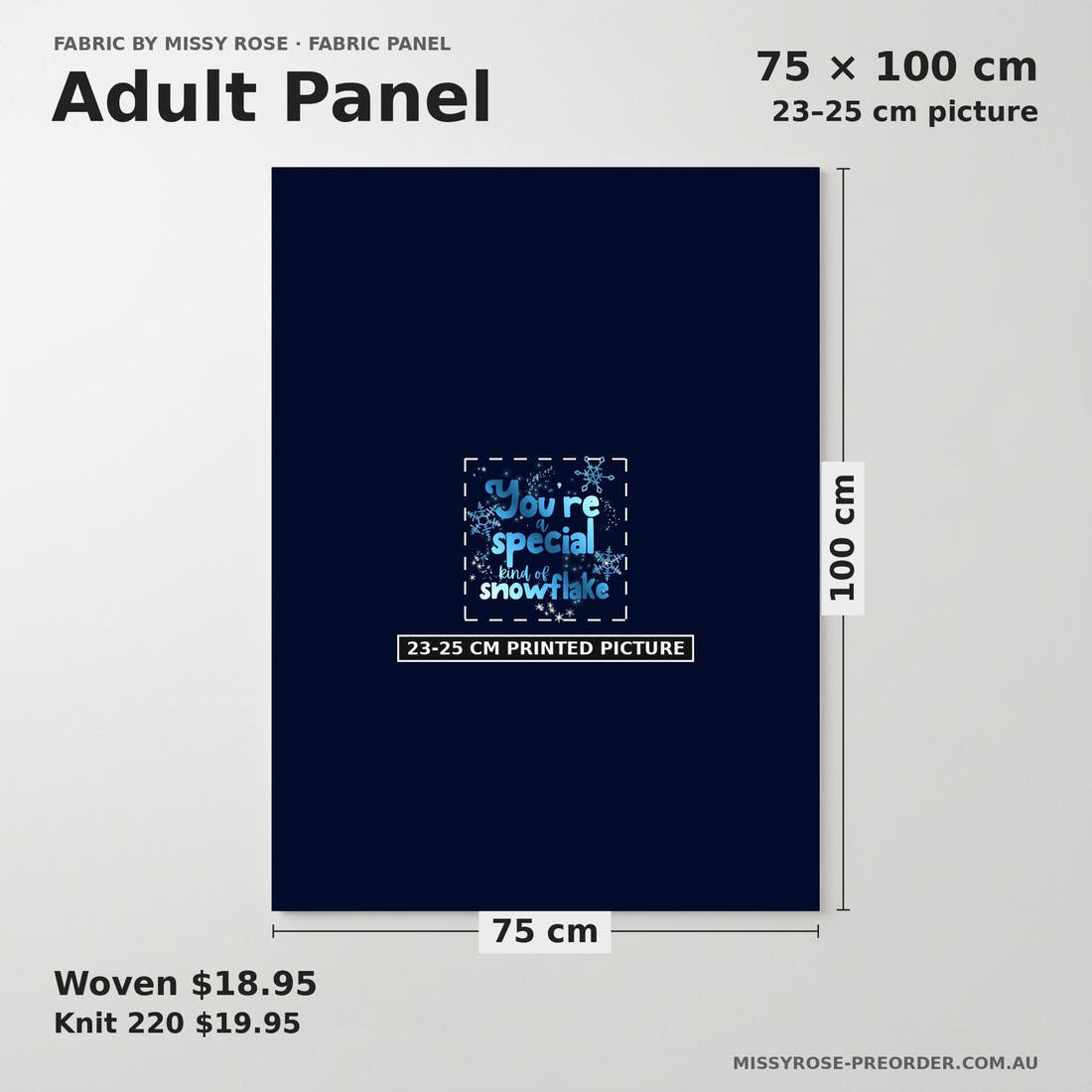 Design 1109 Snowflake Panel adult panel sizing – 23–25 cm printed picture on 75 × 100 cm fabric | Fabric by Missy Rose