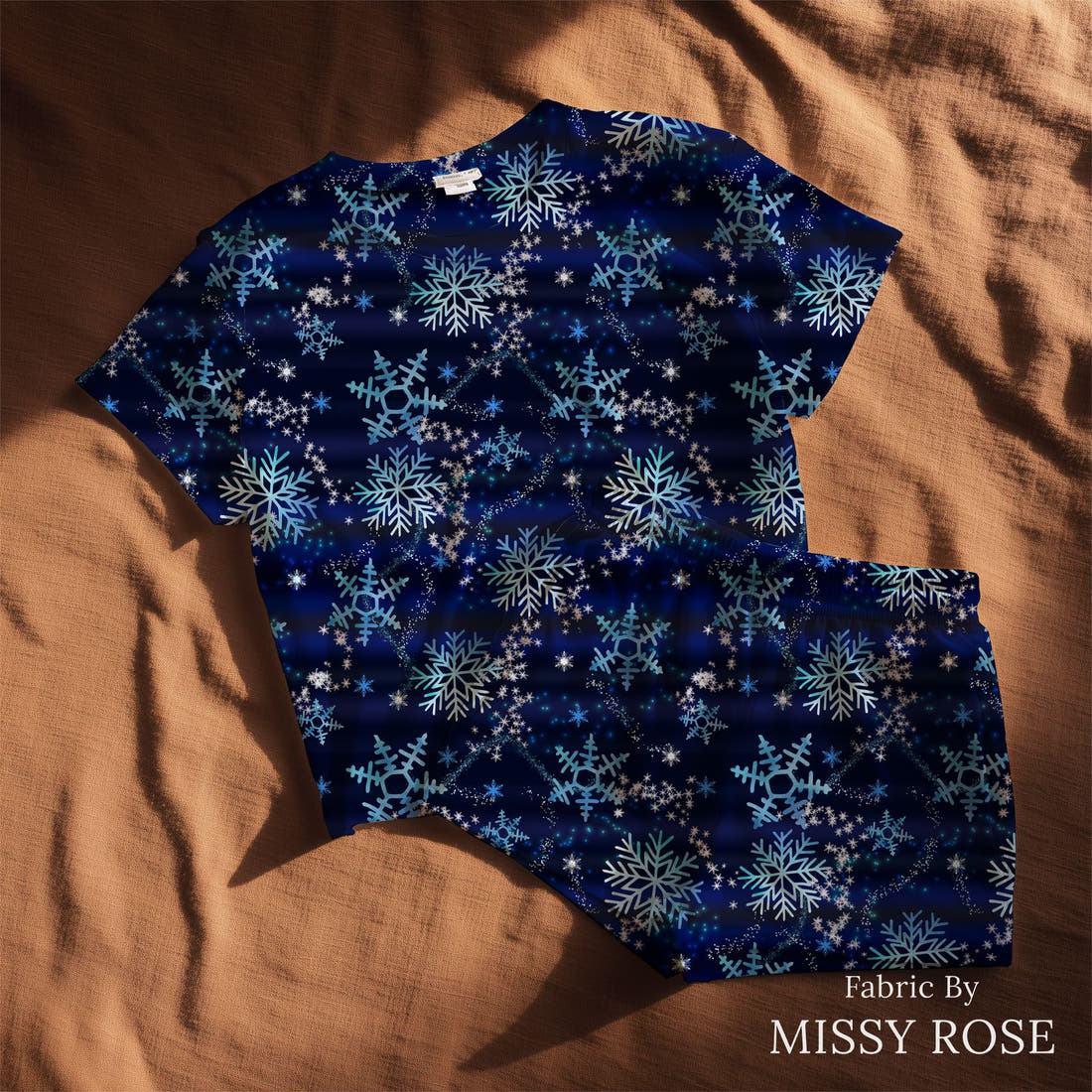 Design 1109 Snowflake Fabric sewn into a lounge set – see how the print looks made up | Fabric by Missy Rose