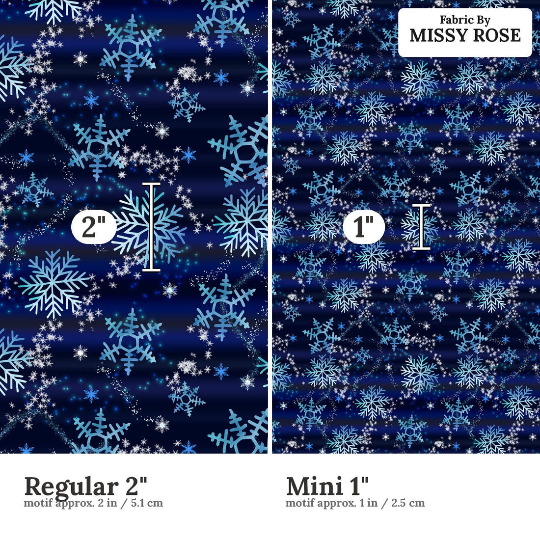 Design 1109 Snowflake Fabric Regular 2 inch vs Mini 1 inch print scale side by side | Fabric by Missy Rose