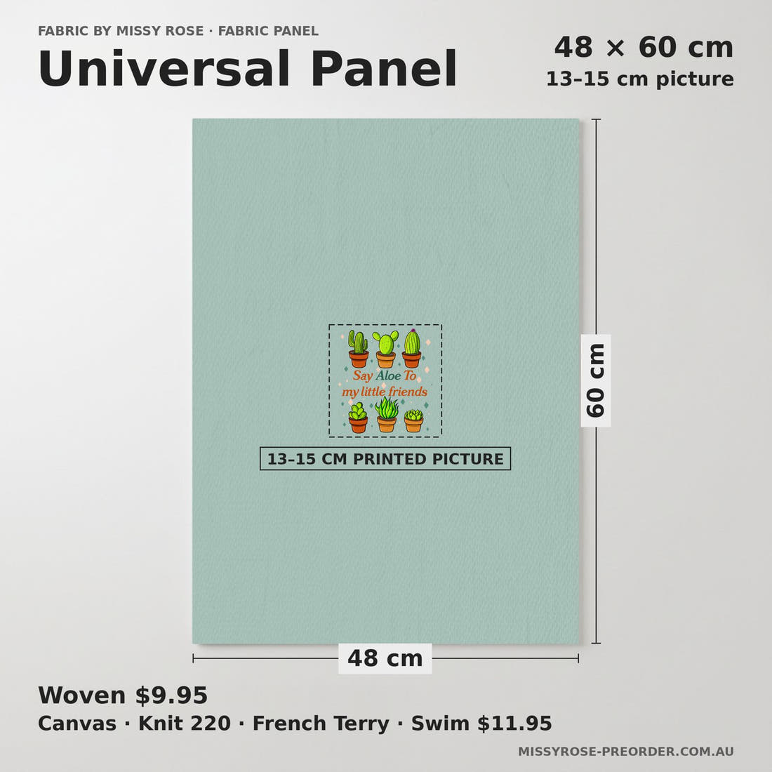 Design 111 Succulent Panel universal panel sizing – 13–15 cm printed picture on 48 × 60 cm fabric | Fabric by Missy Rose
