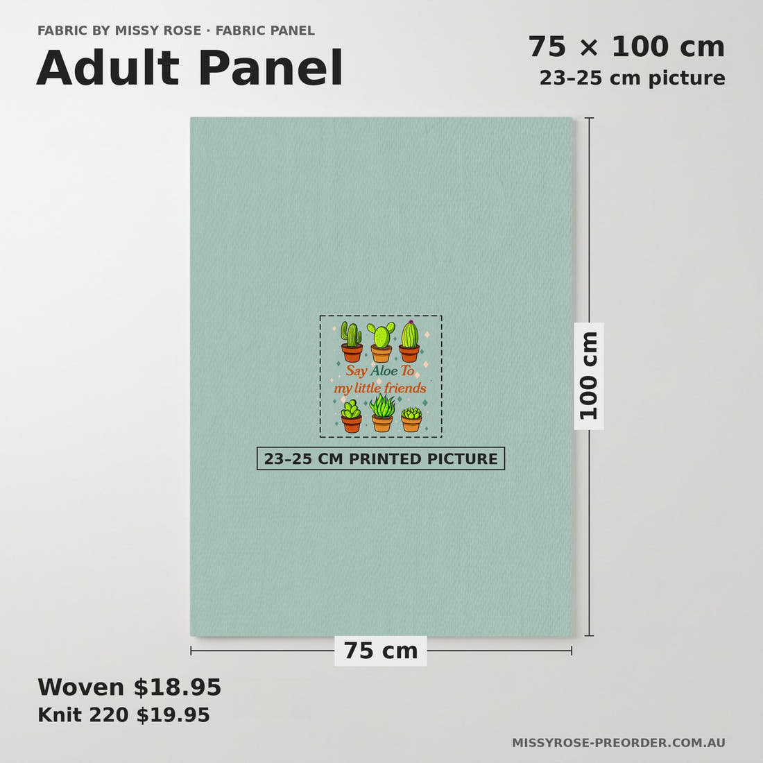 Design 111 Succulent Panel adult panel sizing – 23–25 cm printed picture on 75 × 100 cm fabric | Fabric by Missy Rose