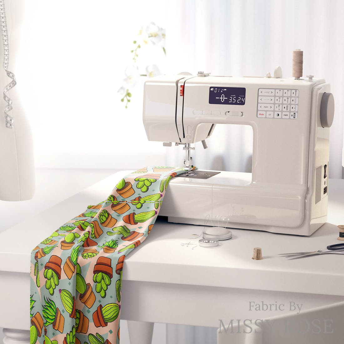 Design 111 Succulent Fabric on a sewing machine – premium fabric for sewing projects | Fabric by Missy Rose