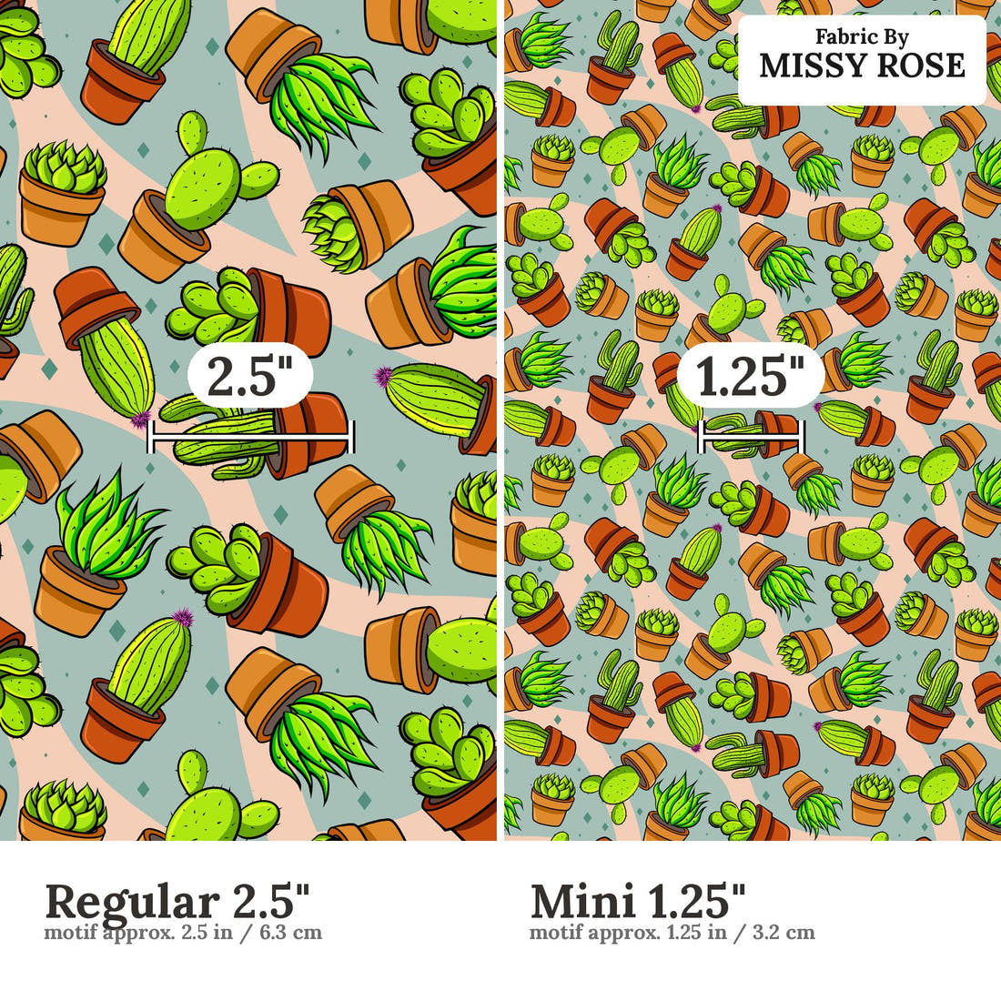 Design 111 Succulent Fabric size comparison - print scale | Fabric by Missy Rose