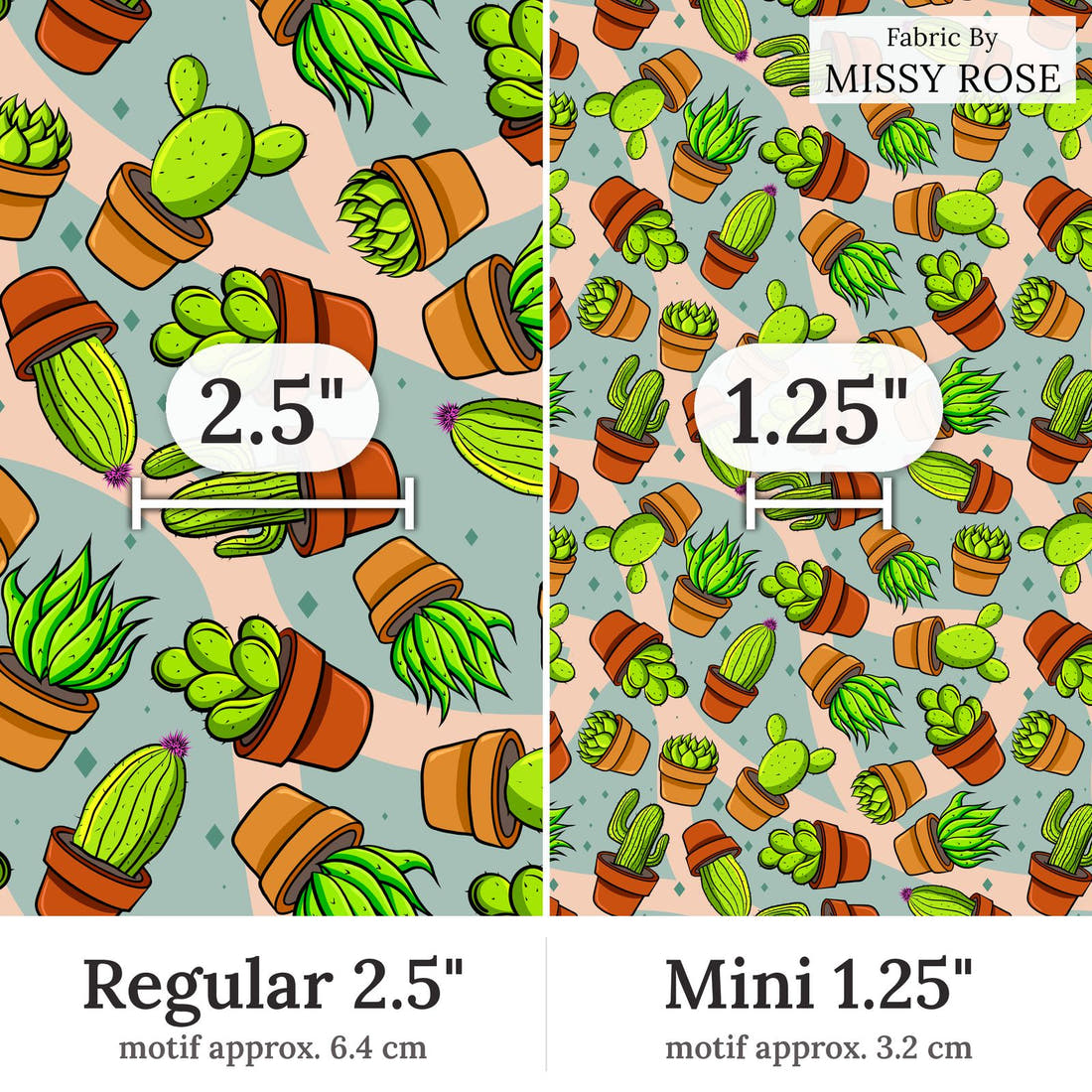 Design 111 Succulent Fabric Regular 2.5 inch vs Mini 1.25 inch print scale side by side | Fabric by Missy Rose