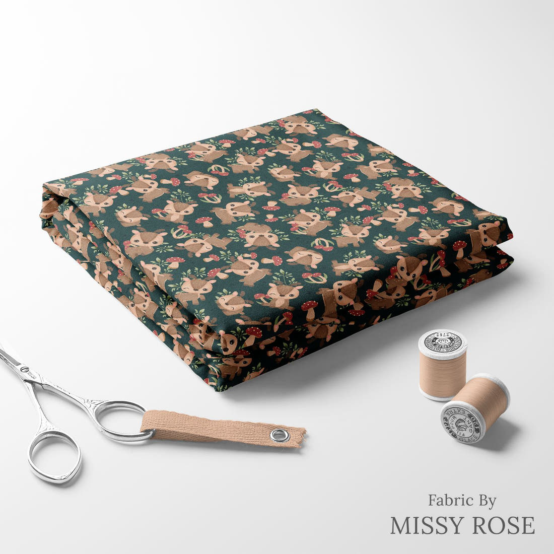Design 1110 Green Deer Fabric folded fabric stack with matching thread – pre-order fabric Australia | Fabric by Missy Rose