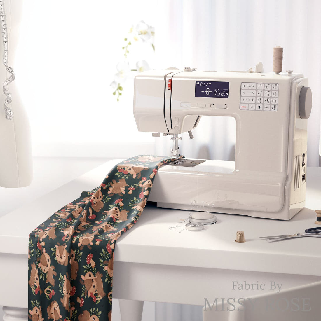 Design 1110 Green Deer Fabric on a sewing machine – premium fabric for sewing projects | Fabric by Missy Rose