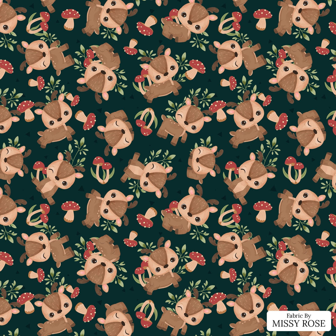 Design 1110 Green Deer Fabric – flat view of the print, zoom in for detail | Fabric by Missy Rose