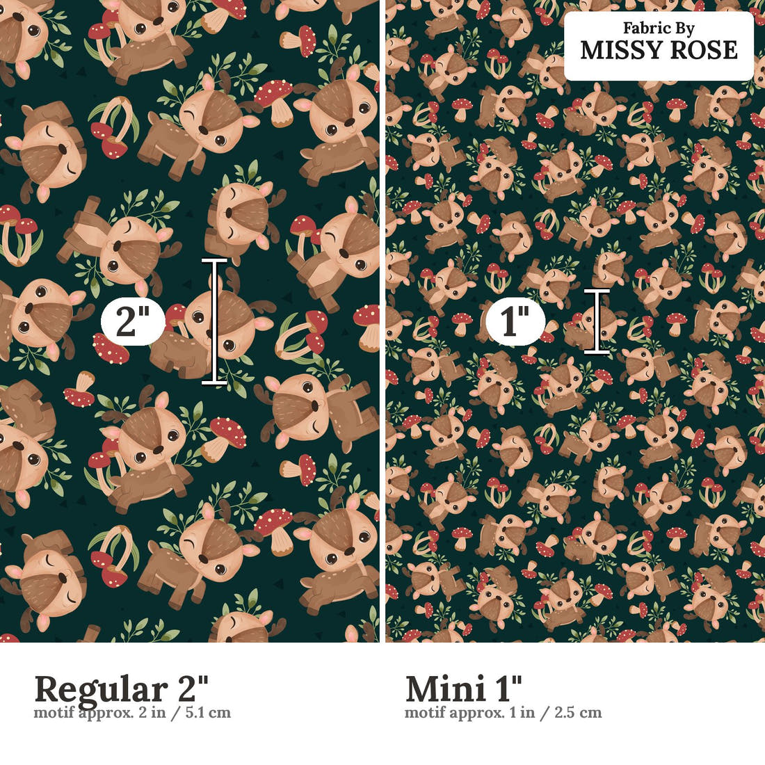 Design 1110 Green Deer Fabric Regular 2 inch vs Mini 1 inch print scale side by side | Fabric by Missy Rose