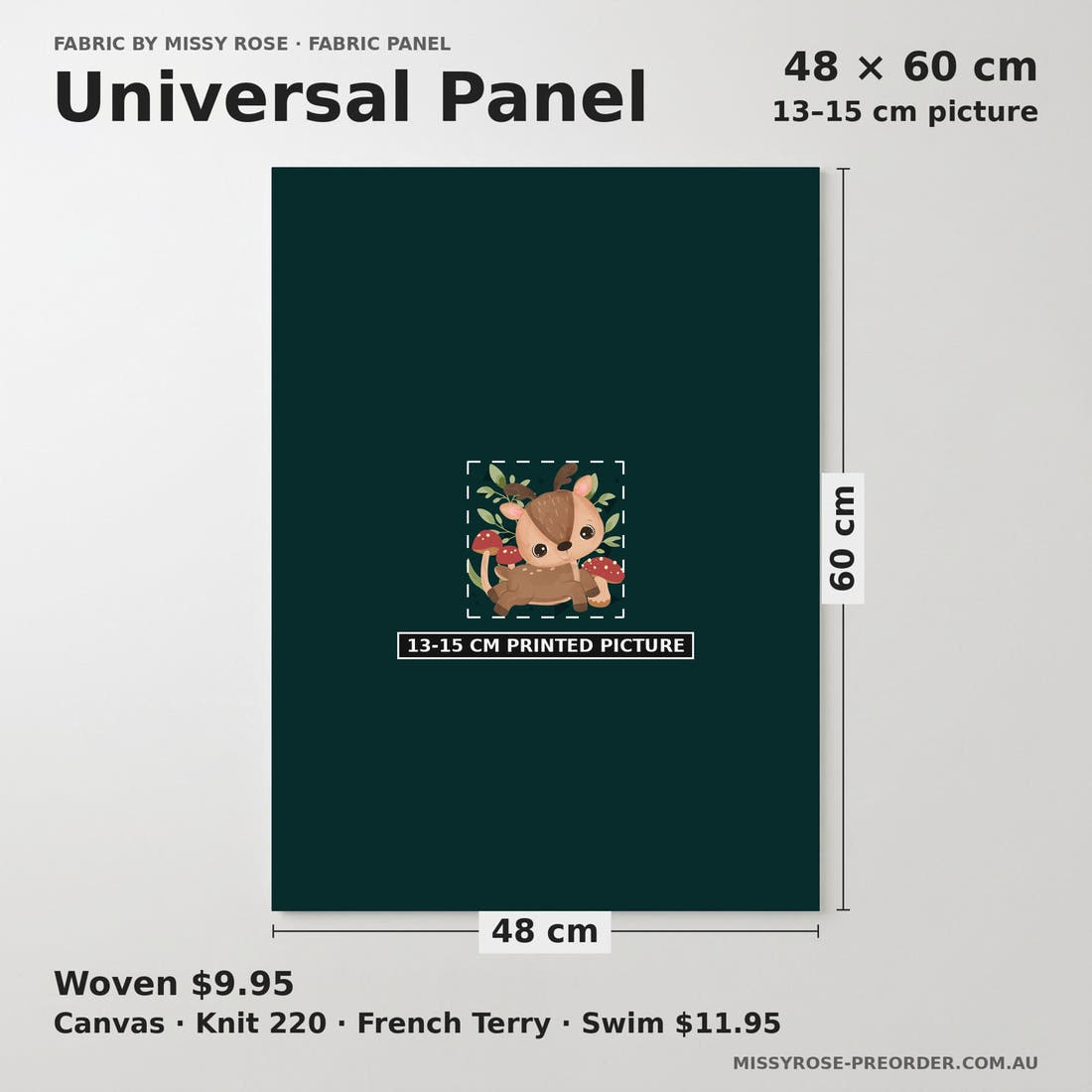 Design 1110 Green Deer Panel universal panel sizing – 13–15 cm printed picture on 48 × 60 cm fabric | Fabric by Missy Rose
