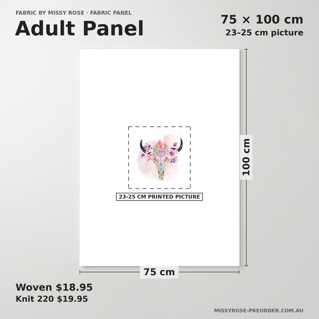 Design 1111 Purple Bullskull Panel adult panel sizing – 23–25 cm printed picture on 75 × 100 cm fabric | Fabric by Missy Rose