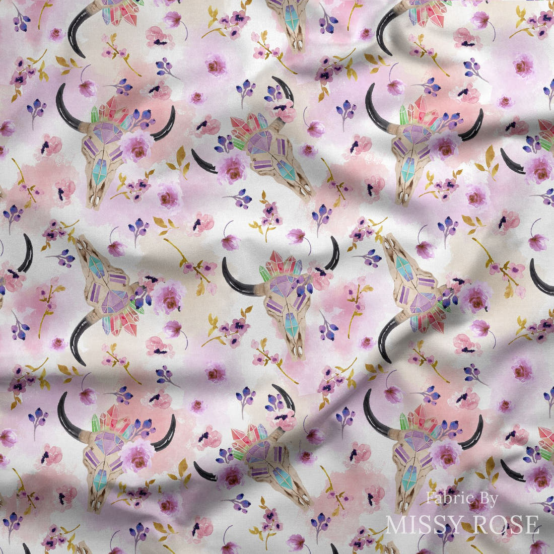 Design 1111 Purple Bullskull Fabric draped fabric mockup – custom printed fabric by the metre | Fabric by Missy Rose