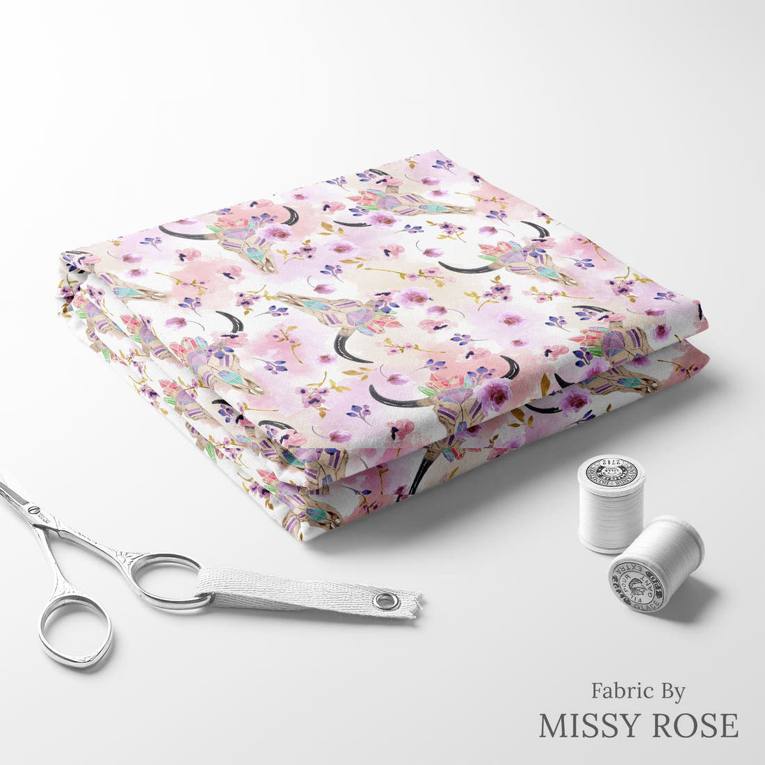 Design 1111 Purple Bullskull Fabric folded fabric stack with matching thread – pre-order fabric Australia | Fabric by Missy Rose